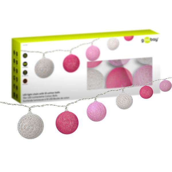 10er LED Lichterkette Cotton Balls, Weiß, Rosa und Pink - batteriebetrieben
