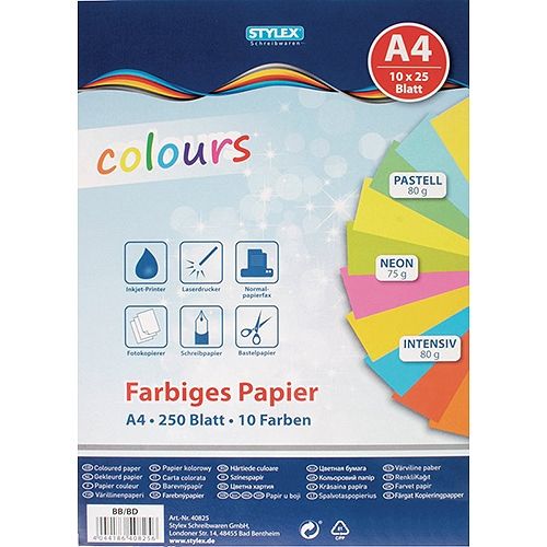Multifunktionspapier 10 verschiedene Farben, A4 250 Blatt